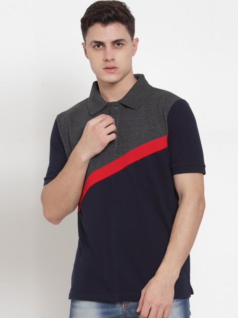 

Kalt Men Navy Blue & Grey Colourblocked Polo Collar T-shirt