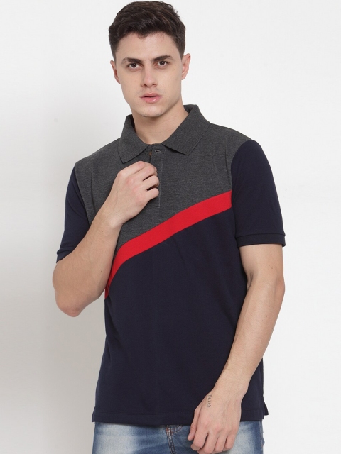 

Kalt Men Navy Blue Colourblocked Polo Collar T-shirt