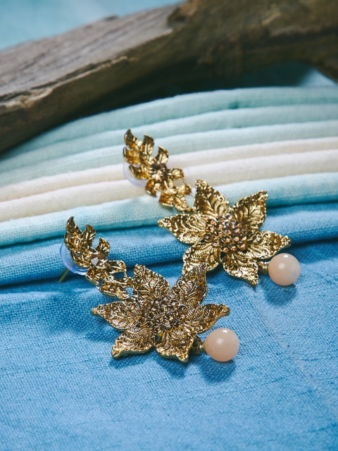 

ZeroKaata Gold-Toned & Off-White Floral Drop Earrings