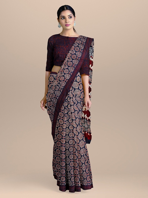 

BharatSthali Blue & Red Handloom Pure Cotton Ajrak Printed Saree