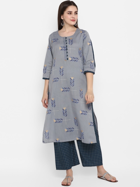 

ZOEYAMS Women Grey & Blue Printed Straight Kurta