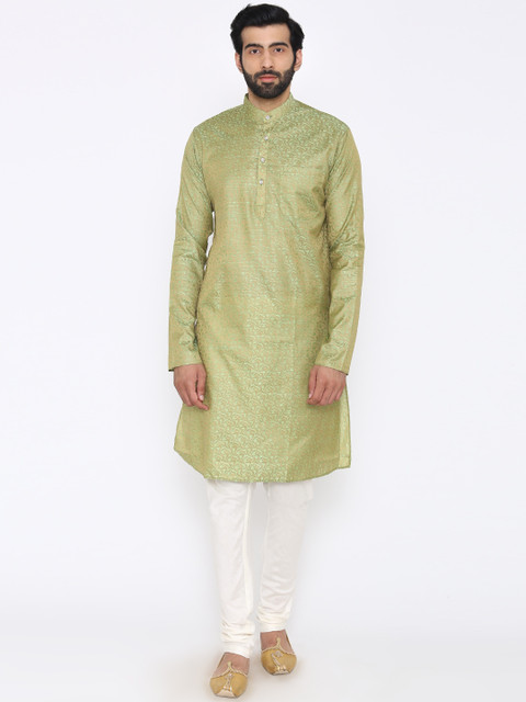 

Wintage Men Green & White Woven Design Kurta with Churidar
