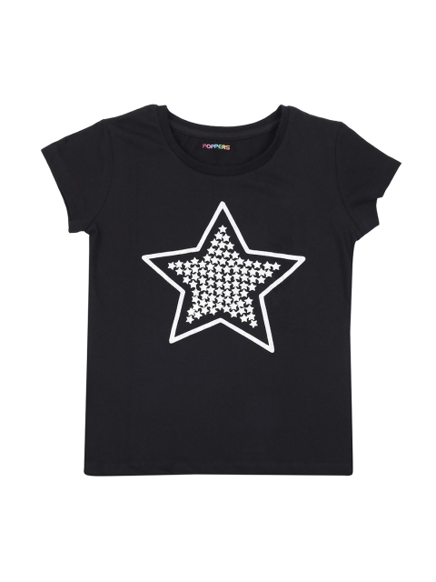 

POPPERS by Pantaloons Girls Black Printed Round Neck Pure Cotton T-shirt