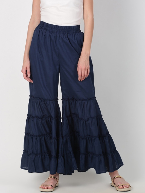 

Saffron Threads Women Navy Blue Solid Flared Palazzos