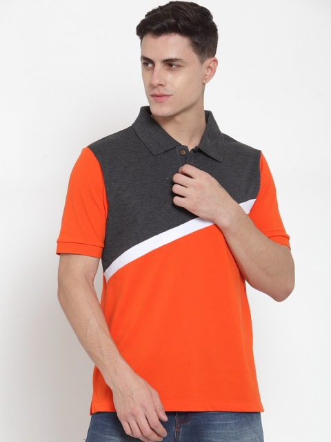 

Kalt Men Orange & Charcoal Grey Colourblocked Polo Collar T-shirt