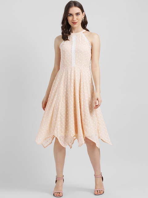 

Zink London Women Beige & White Embroidered Fit and Flare Dress