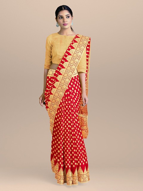 

BharatSthali Red & Gold-Toned Silk Cotton Woven Design Banarasi Saree