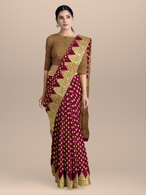 

BharatSthali Maroon & Gold-Toned Banarasi Woven Design Saree