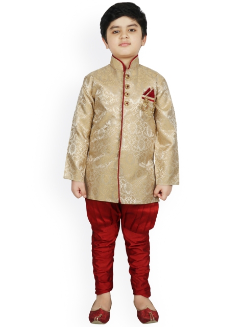 

SG YUVRAJ Boys Gold-Coloured & Red Raw Silk Sherwani Set