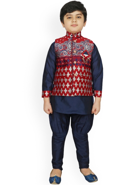 

SG YUVRAJ Boys Navy Blue & Red Solid Raw Silk Kurta with Pyjamas & Waistcoat