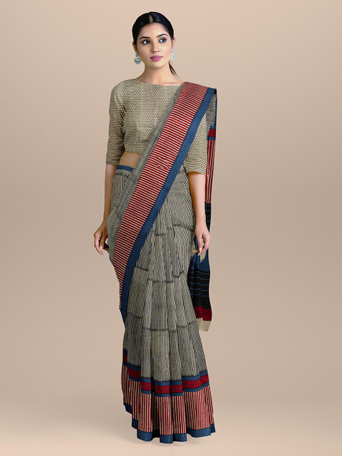 

BharatSthali Navy Blue & Red Handloom Pure Cotton Striped Saree