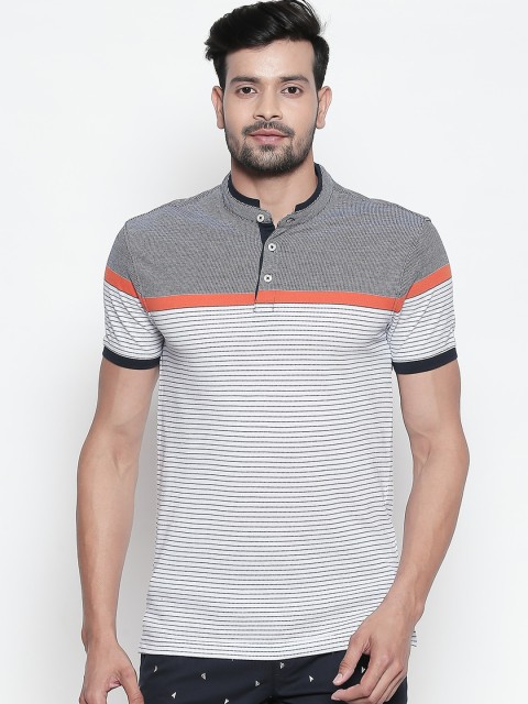 

BYFORD by Pantaloons Men Navy Blue & White Slim Fit Striped Mandarin Collar T-shirt