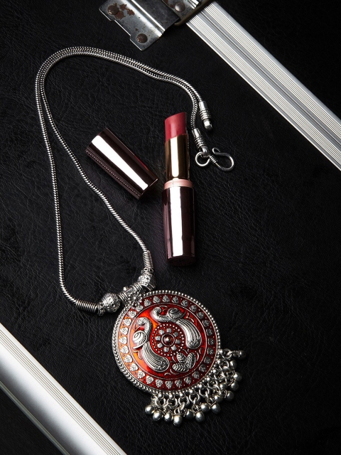 

ZeroKaata Silver-Toned Orange Peacock Motifs Oxidised Handcrafted Chain
