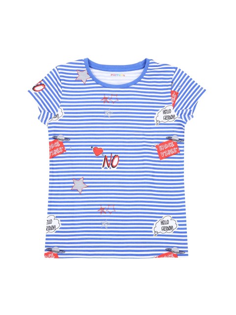 

POPPERS by Pantaloons Girls Blue Striped Round Neck Pure Cotton T-shirt