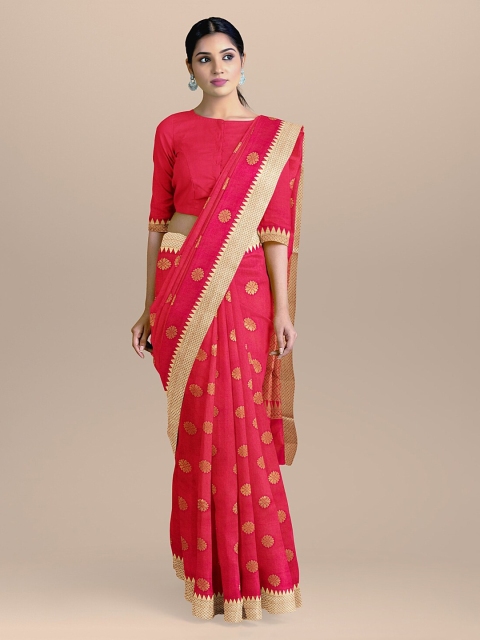 

BharatSthali Fuchsia Pink & Gold-Toned Silk Cotton Woven Design Saree