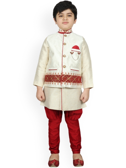

SG YUVRAJ Boys Cream-Coloured & Red Solid Raw Silk Kurta with Pyjamas & Waistcoat