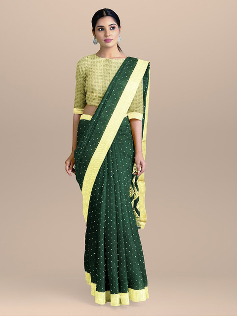 

BharatSthali Green & Gold-Toned Silk Cotton Woven Design Banarasi Sustainable Saree