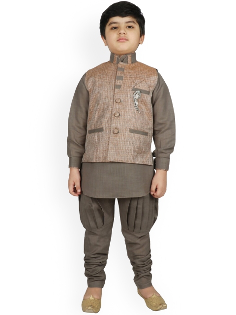

SG YUVRAJ Boys Grey & Beige Solid Raw Silk Kurta with Churidar & Nehru Jacket