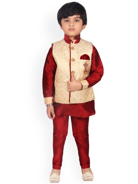 

SG YUVRAJ Boys Red & Beige Solid Raw Silk Kurta with Trousers & Waistcoat