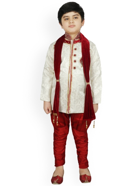 

SG YUVRAJ Boys Cream-Coloured & Red Raw Silk Sherwani Set