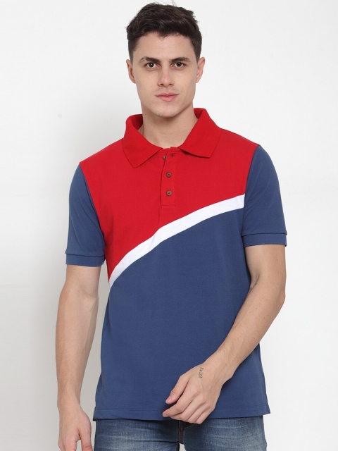 

Kalt Men Red & Blue Colourblocked Polo Collar T-shirt