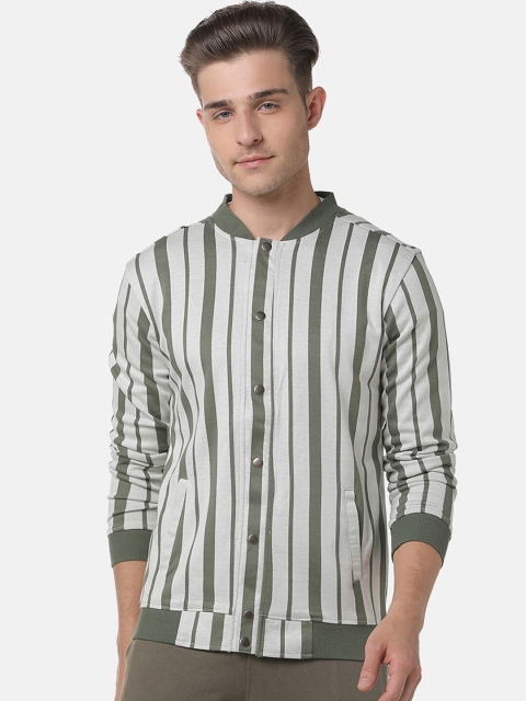

Campus Sutra Men Off-White & Olive Green Striped Windcheater Bomber