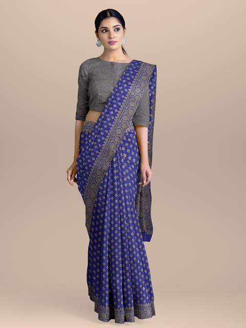 

BharatSthali Blue & Gold-Toned Silk Cotton Woven Design Saree