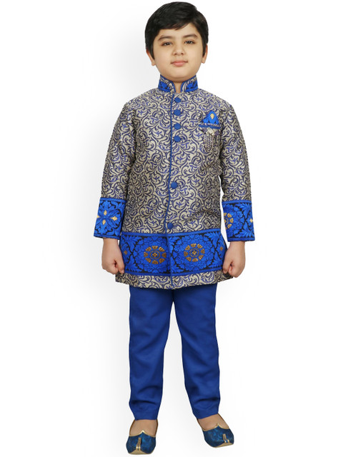 

SG YUVRAJ Boys Blue & Beige Woven Design Raw Silk Kurta with Trousers