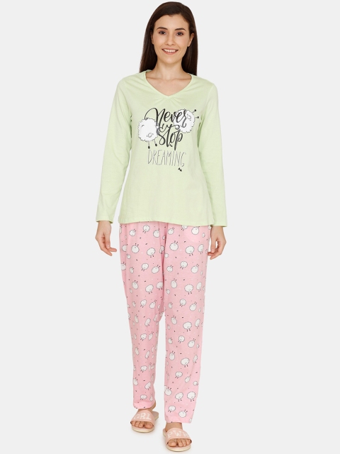 

Zivame Women Green & Pink Printed Night Suit