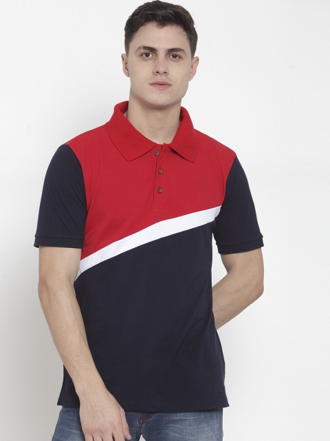 

Kalt Men Red & Navy Blue Colourblocked Polo Collar T-shirt