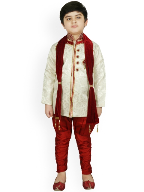 

SG YUVRAJ Boys Cream-Coloured & Red Raw Silk Sherwani Set