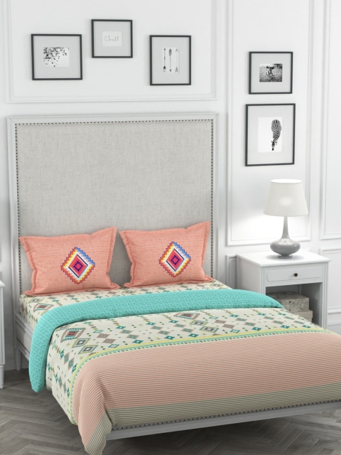 

Portico New York Off-White & Peach-Colour Geometric Printed Cadence Bedsheet With Pillow Covers & Duvet Cover