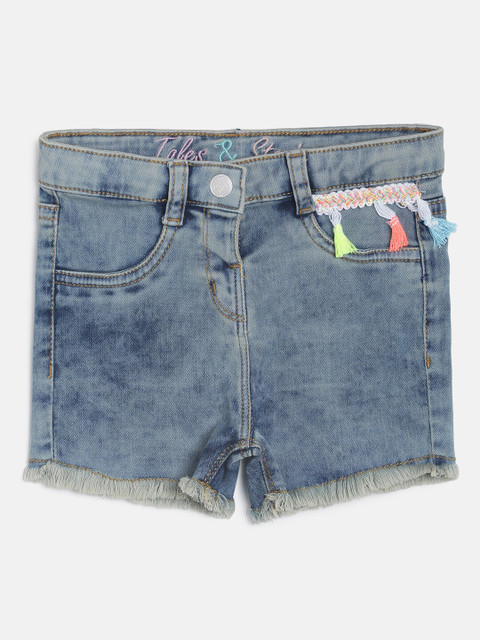 

TALES & STORIES Girls Blue Solid Regular Fit Frayed Hem Denim Shorts