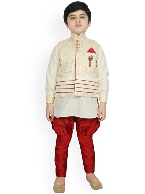 

SG YUVRAJ Boys Cream-Coloured & Red Self Design Kurta with Churidar