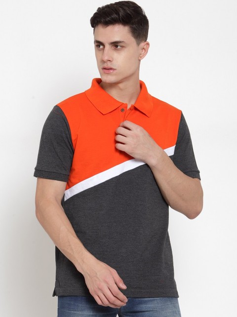 

Kalt Men Grey & Orange Colourblocked Polo Collar T-shirt