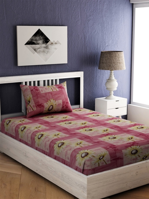 

EverHOME Pink & Yellow Floral 144 TC Cotton 1 Single Bedsheet with 1 Pillow Cover