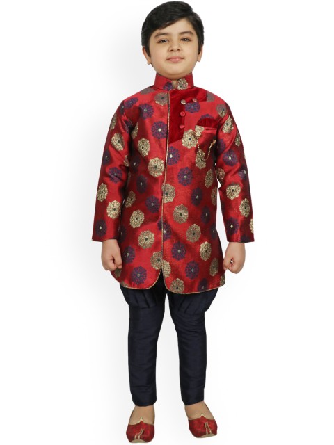 

SG YUVRAJ Boys Maroon & Black Printed Raw Silk Kurta with Churidar