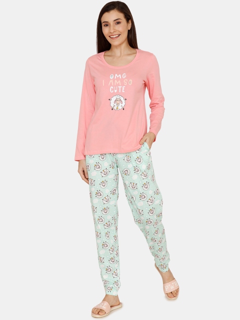 

Zivame Women Pink & Green Printed Night suit