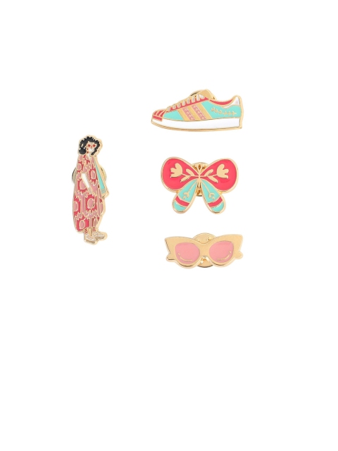 

Chumbak Unisex Set Of 4 Gold-Toned & Pink Enamelled Lapel Pins