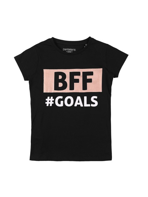 

Pantaloons Junior Girls Black Printed Round Neck Pure Cotton T-shirt
