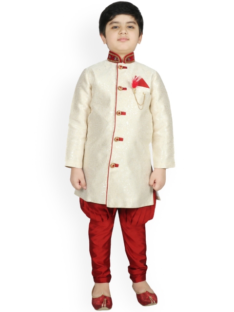 

SG YUVRAJ Boys Cream-Coloured & Maroon Raw Silk Sherwani Set