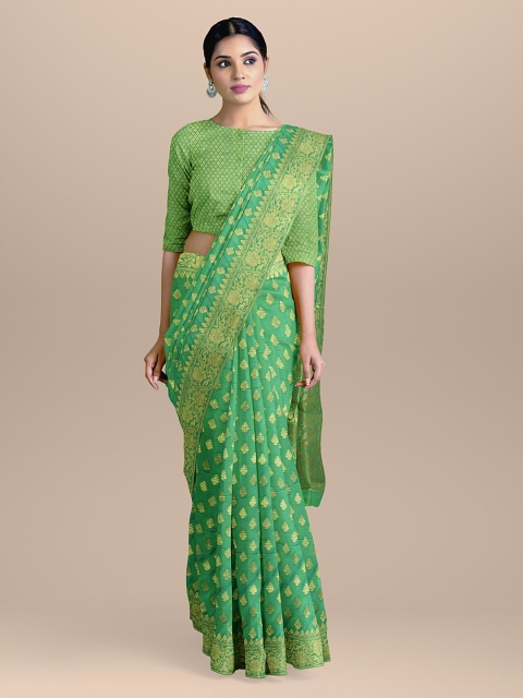 

BharatSthali Green & Gold-Coloured Silk Cotton Woven Design Banarasi Saree
