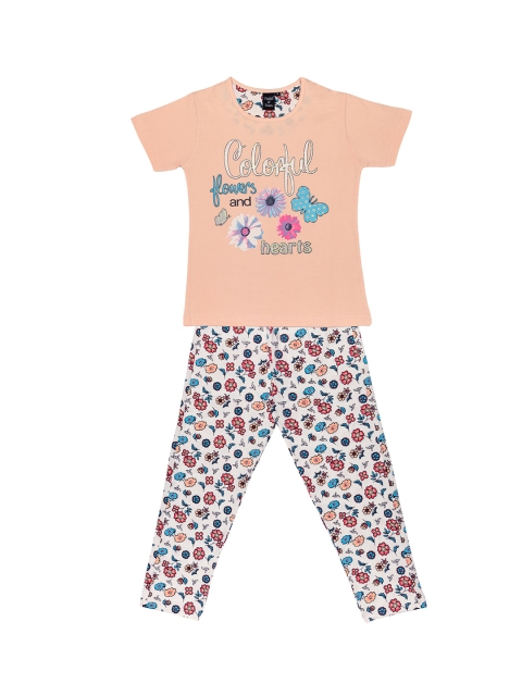 

Todd N Teen Girls Peach-Coloured & White Printed Night Suit