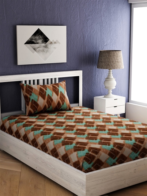 

EverHOME Brown & Green Geometric 144 TC Cotton 1 Single Bedsheet with 1 Pillow Covers