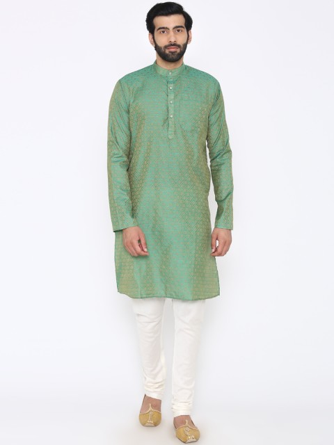 

Wintage Men Green & White Woven Design Kurta with Pyjamas