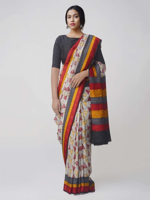 

Unnati Silks Cream-Coloured & Red Pure Silk Handloom Printed Tussar Saree