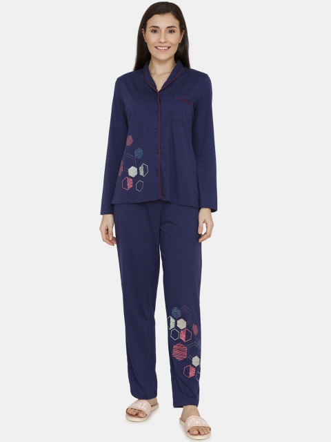 

Zivame Women Navy Blue & Pink Printed Night Suit