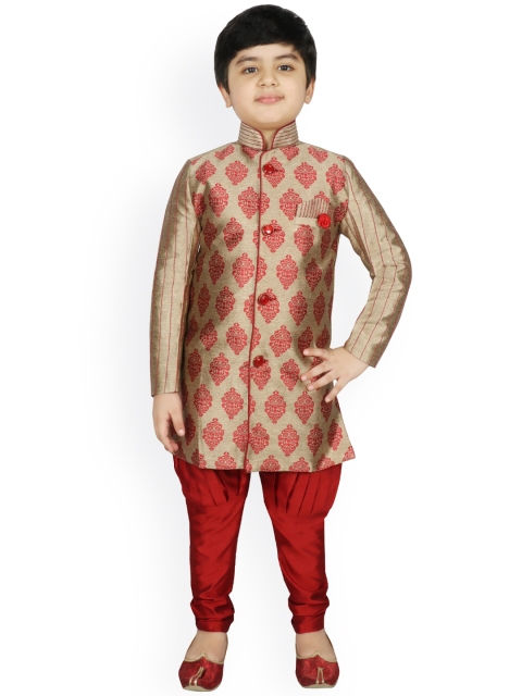 

SG YUVRAJ Boys Beige & Maroon Printed Raw Silk Kurta with Pyjamas