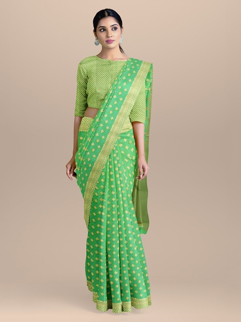 

BharatSthali Green & Gold-Toned Banarasi Woven Design Saree