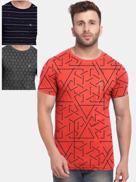 

BULLMER Men Pack Of 3 Printed Round Neck T-shirts, Orange